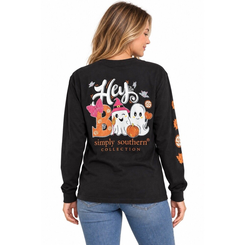 Simply Southern Hey Boo Halloween Ghost Long Sleeve Black T-Shirt Medium NWOT